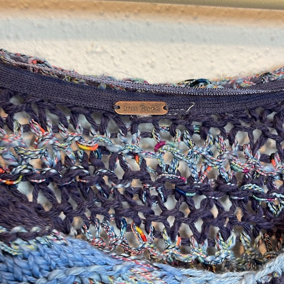 Free People Navy and Light Blue Striped Chunky Knitted Crop Top Sweater - Picture 2 of 6